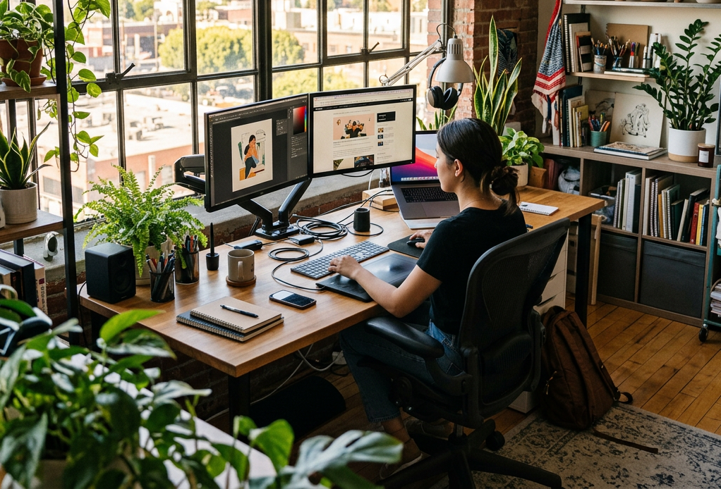 Person working at desk with dual monitors surrounded by plants and large window