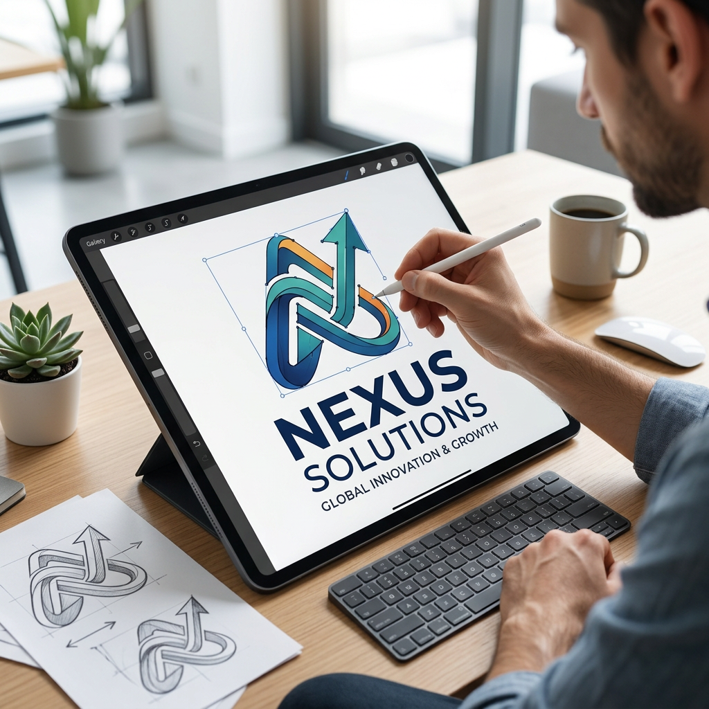 Nexus Solutions logo with stylized interconnected arrows and slogan Global Innovation & Growth