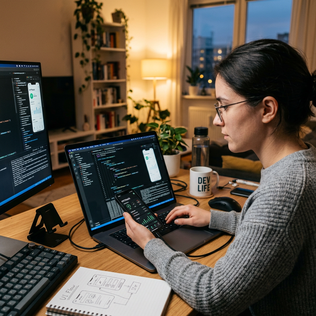 Person coding on laptop with mobile app and UI flow diagram
