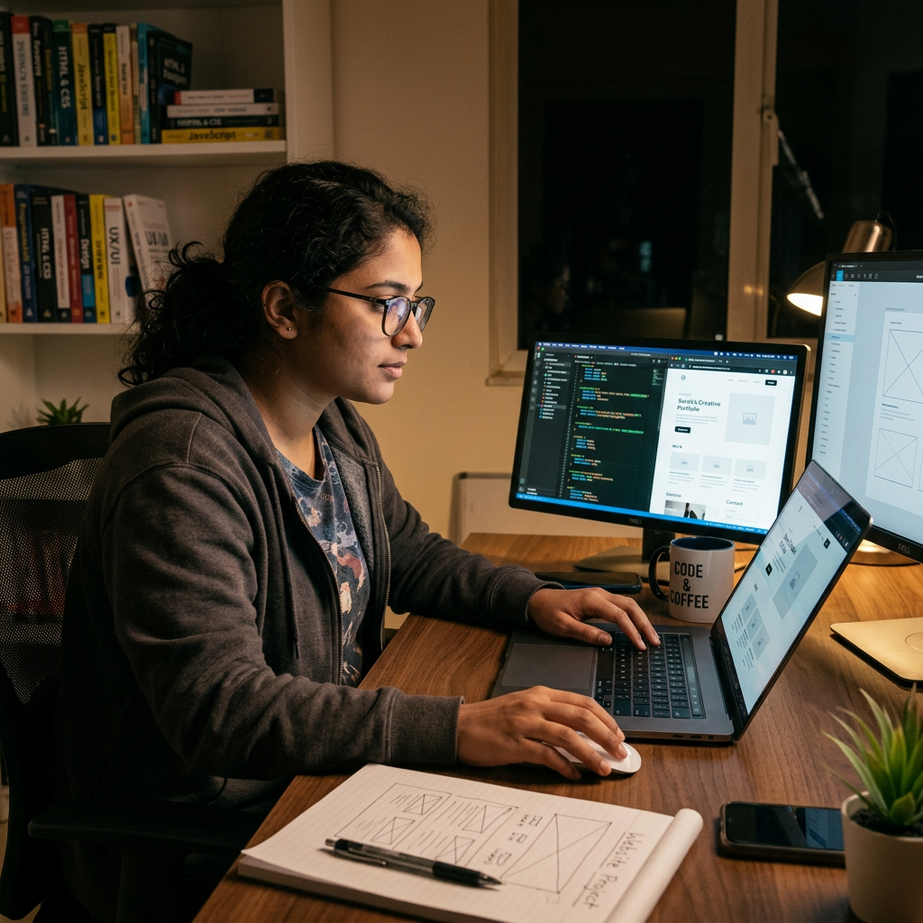 Woman working on laptop and dual monitors with coding and web design